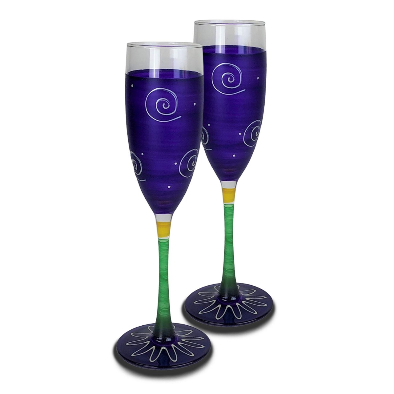 Crafted Creations Set of 2 Purple and Green Hand Painted Champagne Drinking Glasses 5.75 oz.